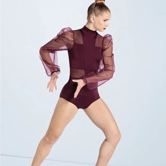 Weissman Dance Leotard Size S Burgundy Lycra Puff Sheer Sleeves - Picture 9 of 10